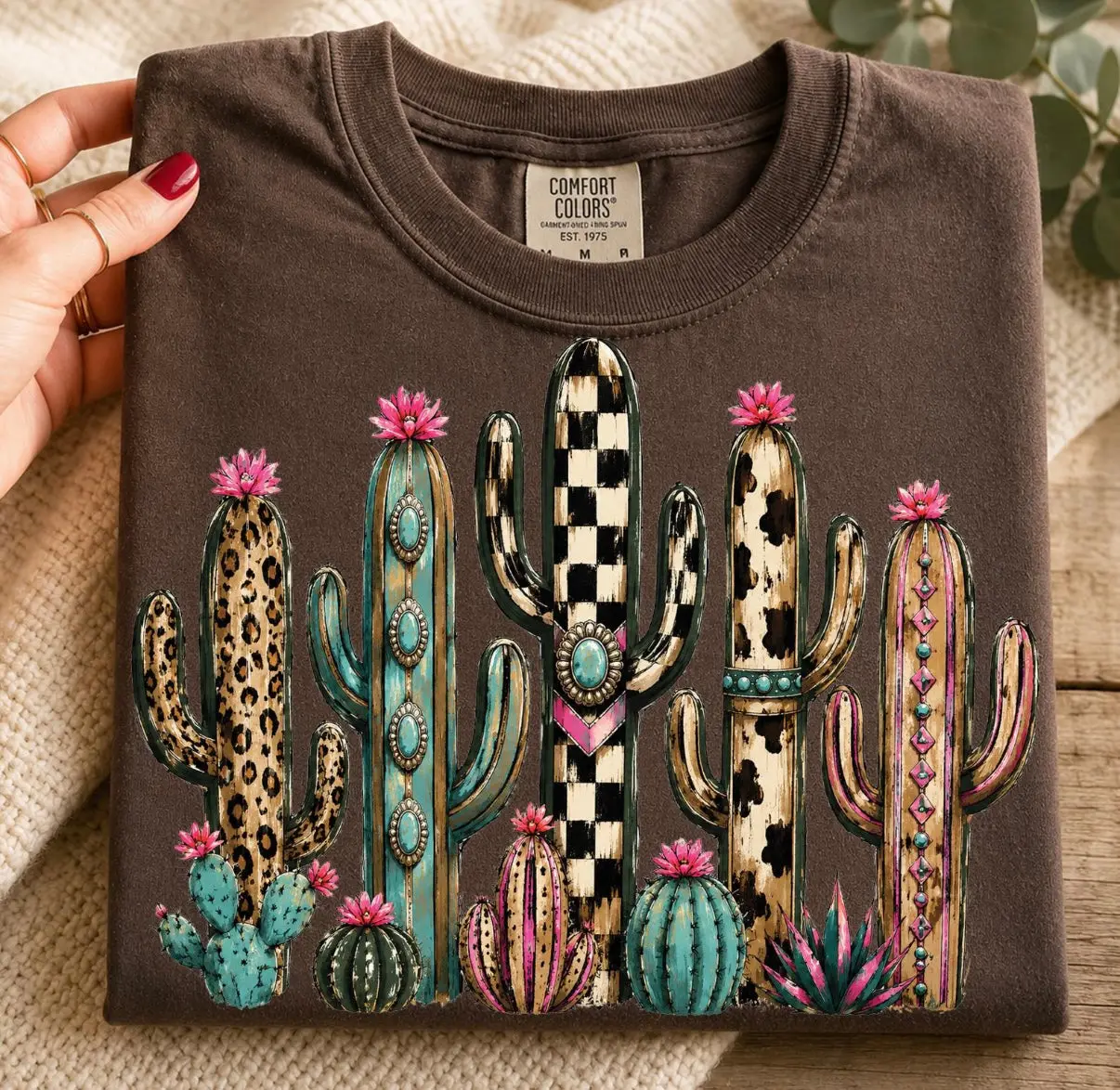 Lady's Casual Printed Western Desert Cactus Tshirt - Turquoise, Leopard, Checkered Boho Cowgirl Style Comfort Colors Women's Top, Everyday