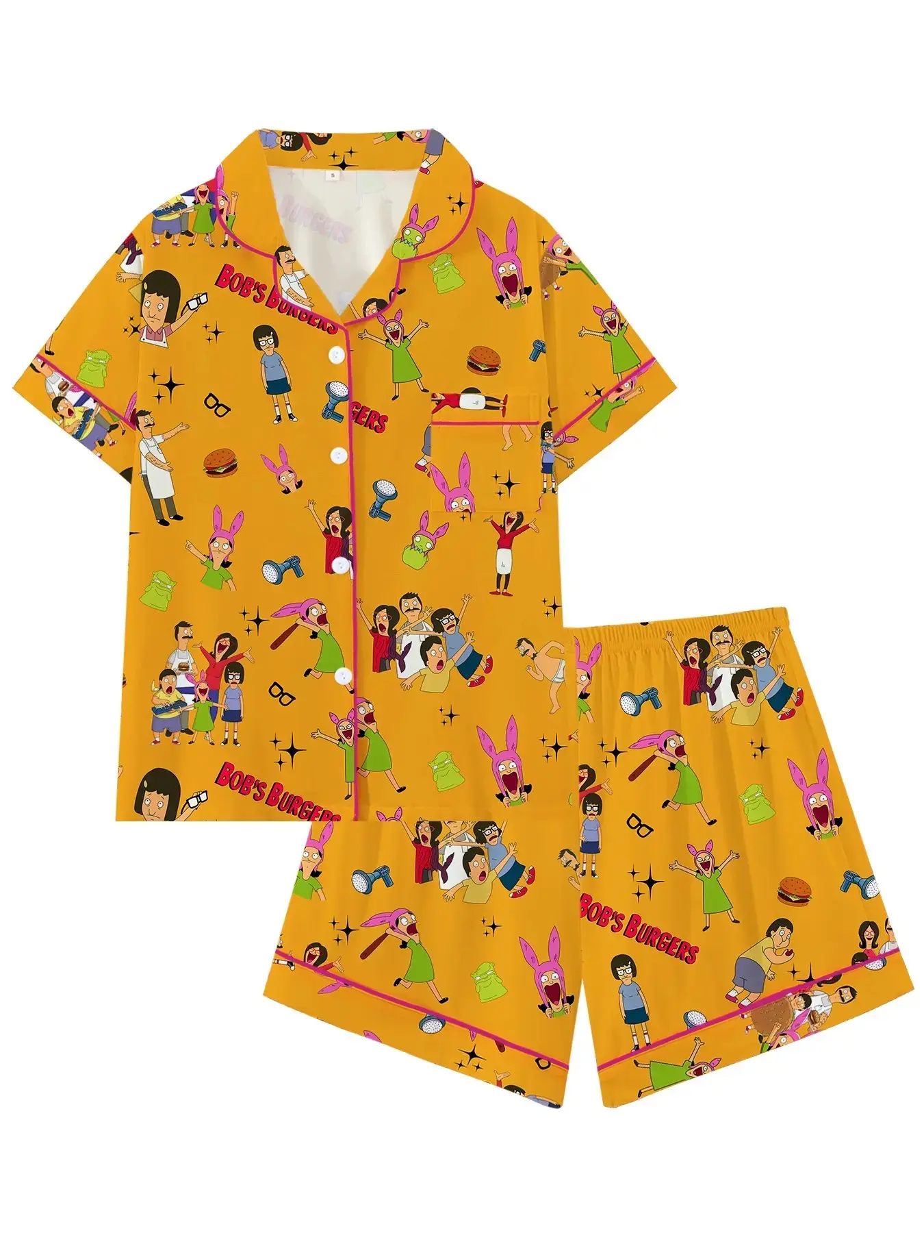 Burgers Family Cute Collared Short-Sleeve Pajama Set, Comfortable Sleepwear for All Seasons, Everyday Party-Style Loungewear Gift