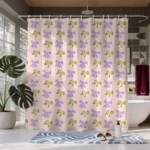 Purple Bow and Green Ribbon Shower Curtain, Flat Pattern, Romantic Style Bathroom Decor, Waterproof Moisture-Proof, Includes 12 Hooks