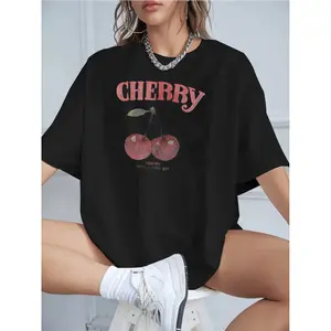 Women's Cotton T-Shirt with Cherry Print Casual Loose Fit Short Sleeve Top Summer Basic Tee for Daily Wear St Breathable Material Cute Fruit Pattern Comfortable All-Match Blouse Day The Mexican Unisex Maternity Plus Size Thanksgiving Graphic Hat Men's 3D