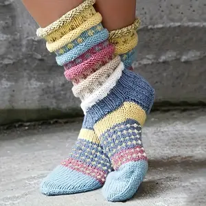 Women's Retro Striped Thick Warm Socks - Mid-Calf Winter Thermal Floor Socks with Multi-Color Stripes, Hand Wash Only, Cozy Casual Fall & Winter Footwear, Indoor Warm Socks, Vintage Sock Design Soft Comfy Hosiery Womenswear