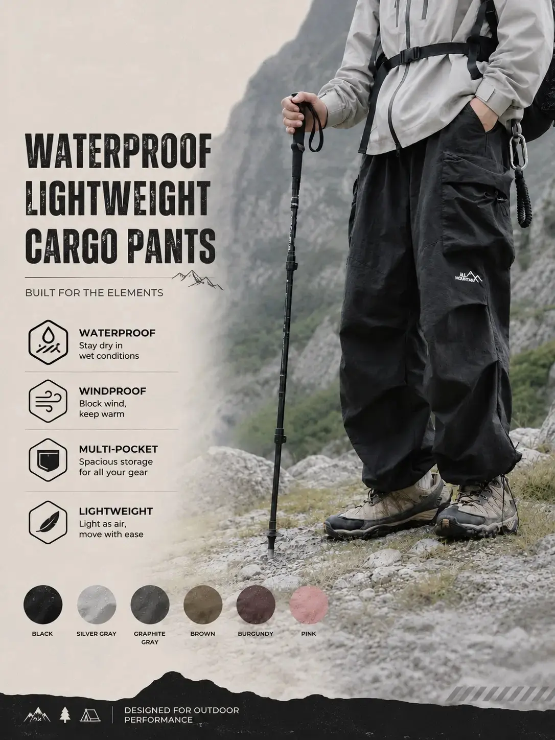 Black Loose-Fit Baggy Cargo Pants for Men, Lightweight Water-Resistant Parachute Trousers with Elastic Waist and Pockets for Gorpcore Streetwear, Fashion Apparel, Mens Clothing, Baggy Pants, Machine Washable, Baggy Cut, Hip-Hop