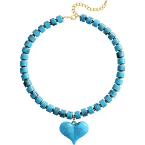 Chunky Heart Penadnt Necklace for Women- Exaggerated Statement Puff Heart Necklace with Acrylic Beaded Chain