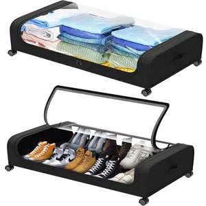 2 Pack Under Bed Storage with Wheels, Clear Lid Rolling Storage Bins for Clothes Shoes and Bedding, Large Capacity Underbed Organizer Drawer for Bedroom Space Saving