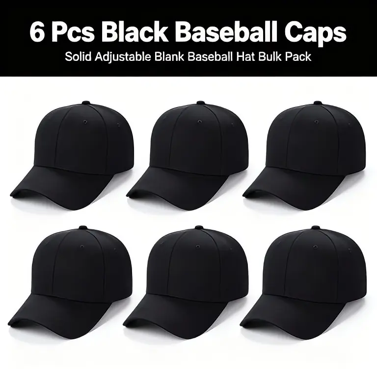 6-Pack Solid Color Polyester Blank Baseball Caps, All-Season Adjustable Sports Hats for Customization & Outdoor Style