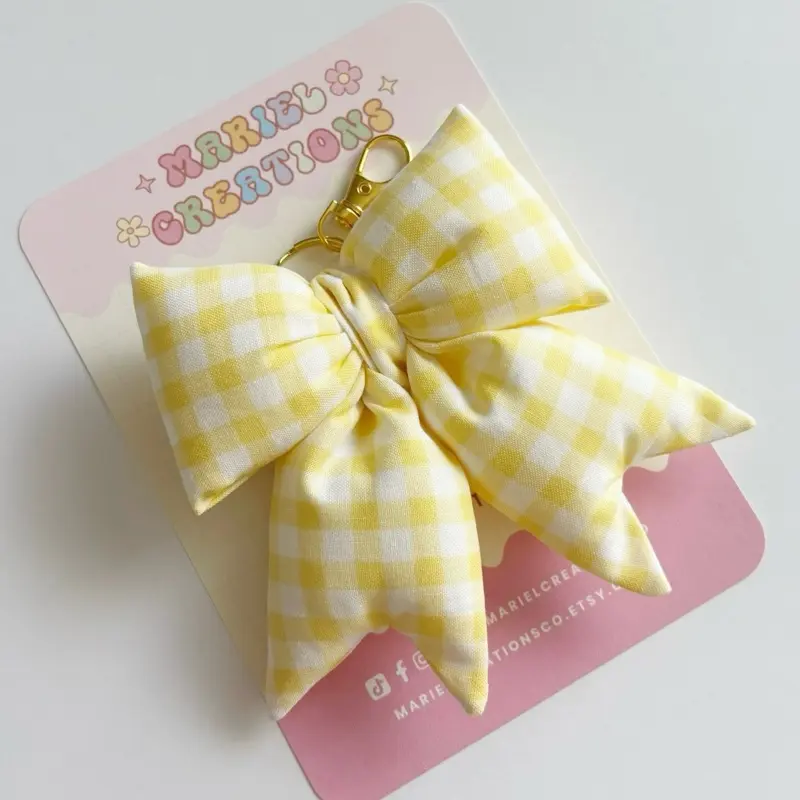 Yellow Gingham Plush Bow Handmade Keychain, Stylish Dainty Keychain, Bag Charm fashionable