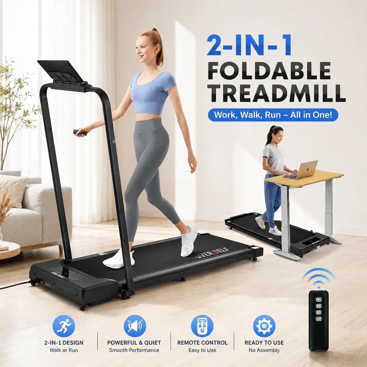 OVER SELF Walking pad Treadmill, 6.2MPH Portable Folding Treadmill with Handle Remote Control, Under Desk Treadmill Easy Storage Home Gym Fitness Equipment Workout Gear, Summervibes
