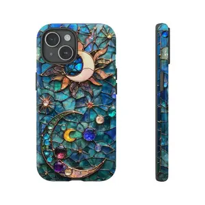 Moon And Stars Phone Case Cute Celestial Faux Stained Glass Premium Film 2 in 1 Phone Case