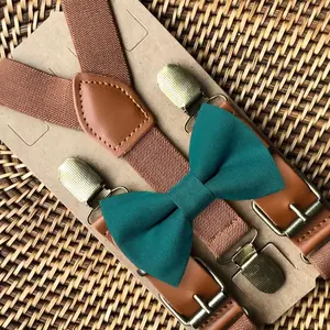 Teal Bow Tie & Cognac Buckle Suspenders Set