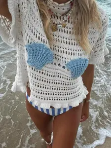 Women's Cut Out Short Sleeve Sweater Top, Colorblock Shell Pattern Design, Comfortable Casual Fitted Fit, Perfect for Everyday Daily Vacation Beach Wear, Knitwear, Womenswear, Pullover, Hollow, Effortless Style