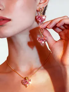 Elegant Sweet Cute Y2K Party Style Women's Diamond Heart Earrings Necklace Matching Jewelry Set, Perfect for Daily Wear, Weddings, Vacations, Dates
