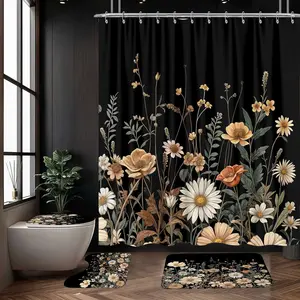 4PCS Vintage Boho Floral Shower Set Retro Flower Botanical Sets with Dark Shower Bath Mats Rustic Farmhouse Bath Accessories Lid Cover U-Mat