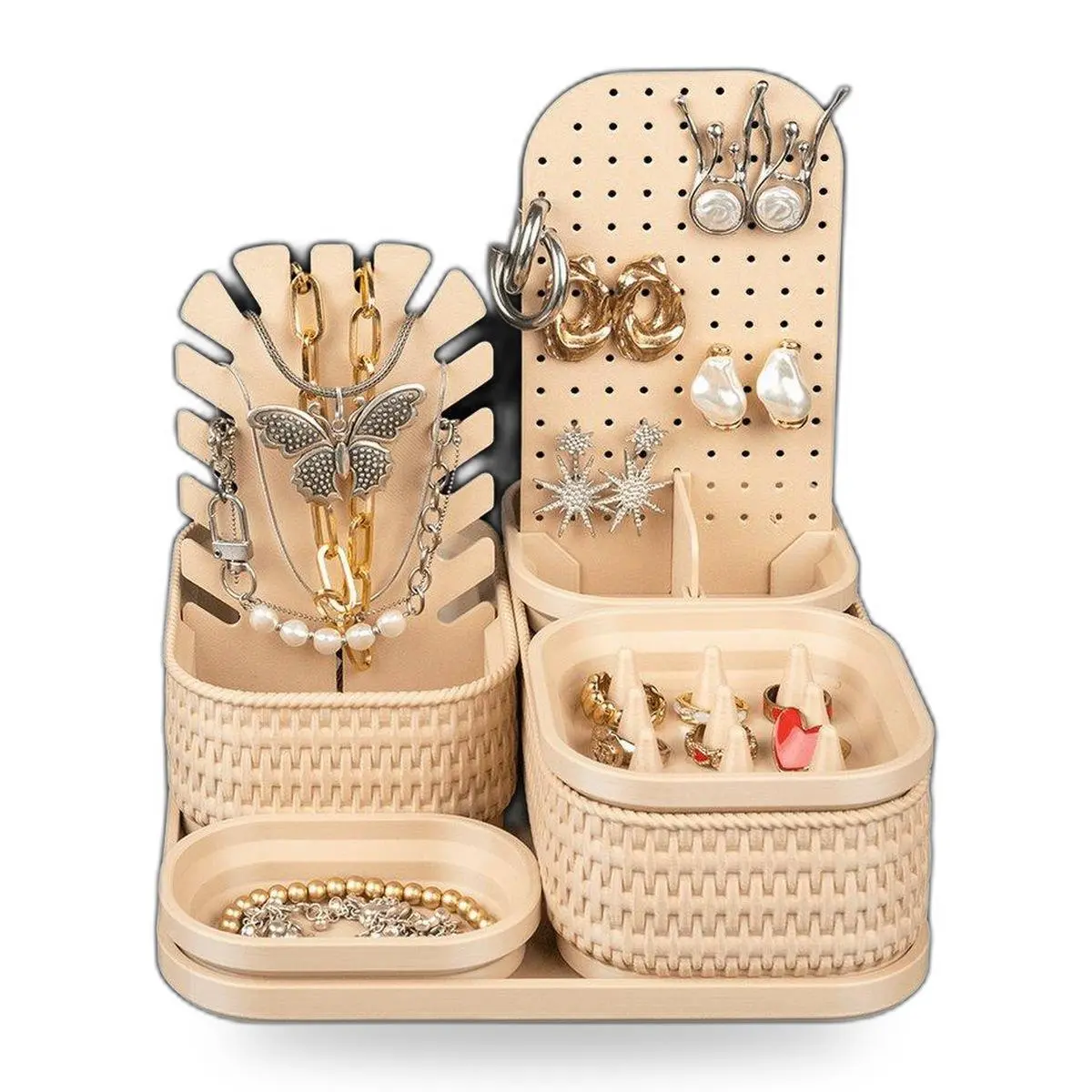 Rattan Weave Jewelry & Makeup Organizer Set - Boho Vanity Storage for Cosmetics, Rings, Necklaces, Natural Wicker-Look Dresser Decor, Home Organizer Gift