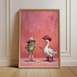 Funny Animal Unframe Poster, Quirky Dopamine Decor, Pink Cowboy Frog Poster, Weird Duck Painting, Eclectic Dorm Print, Fun Bathroom