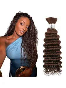 Color #4 Boho Hair for Braiding Deep Wave Human Hair Wavy Bulk 2 Bundles 100g Chocolate Brown Braiding Hair Deep Curly Brown Human Braiding Hair Extensions for Woman