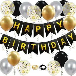 Happy Birthday Banner, Black Gold Birthday Decoration, 16 Pcs 12in Balloons With 2 Ribbons for Men, Women, Girls and Boys Birthday Party Decoration