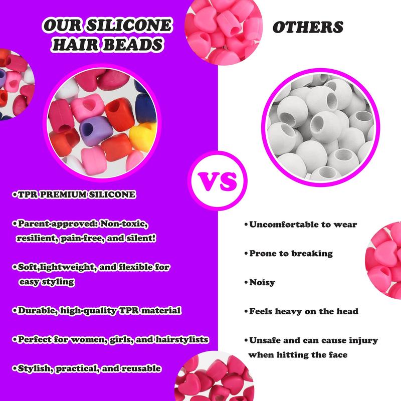 2 Pack Heart Shaped Silicone Hair Beads – 70 PCS 16mm, Premium Soft Rubber, Noiseless, Painless, Light for Women Girls Stylish Braiding