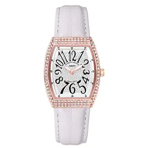 Women's Luxury Rose Gold Tonneau Square Quartz Watch - Fully Iced Out Diamond Dial & Bezel, White Leather Strap, Big Numerals, Elegant Casual Wristwatch, Perfect Gift for Her
