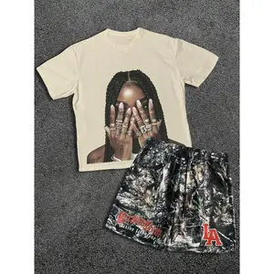 Two-piece Set Men's Letter Print Short Sleeve Tee & Camo Print Shorts, Loose Crew Neck T-shirt & Track Shorts, Casual Summer Clothes Set for Outdoor, MenswearGift