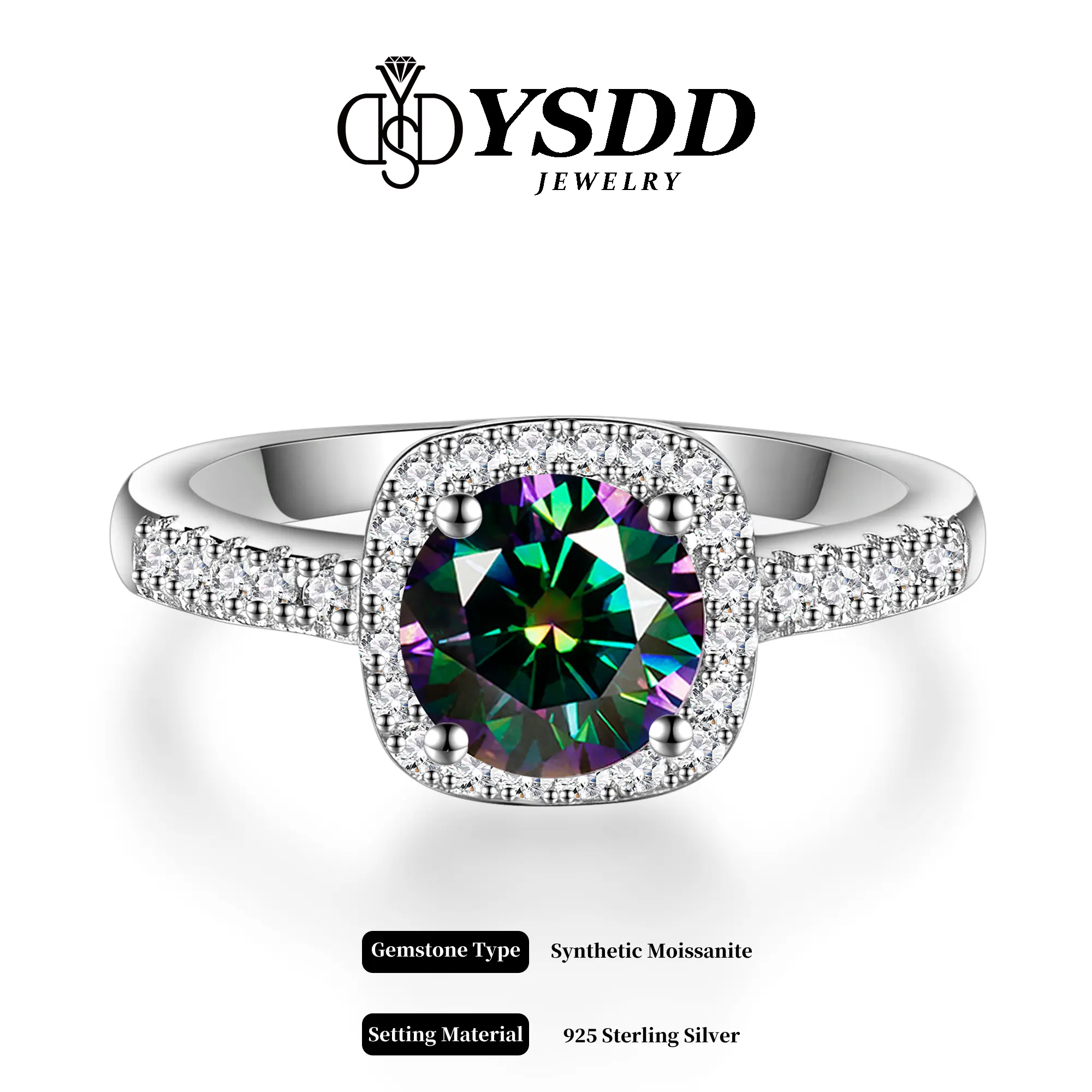 【#74 Peacock Blue】Square Halo 1ct Peacock Blue/Pink Color VVS1 Clarity Coloured Synthetic Moissanite Engagement Rings in 925 Sterling Silver Ideal Gift for Women