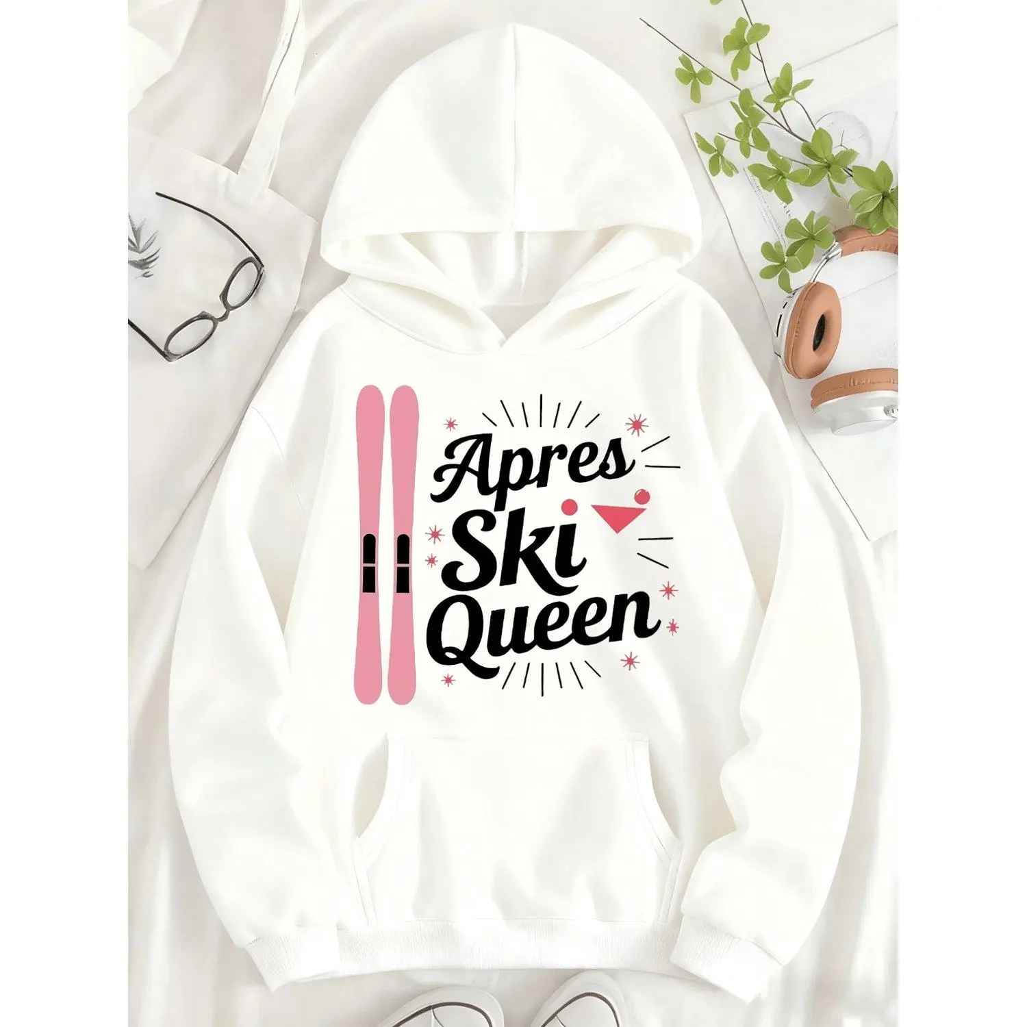 Hooded Sweatshirt with "Apres Ski Queen" Lettering Ski Board Design Personalized Pattern Print Pocket Hat Fleece Style Pullover Outerwear