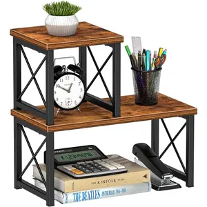 Desk Shelf Organizer for Top of Desk, 2 Tier Adjustable Small Bookshelf Organizer, Freestanding Stackable Desktop Stand, Kitchen Counter Display Rack, Rustic Brown