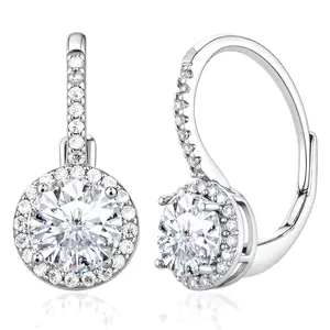 EIoways Sterling Silver Halo Drop Earrings Leverback Moissanite Earrings 1.35ct D Color VVS S925 Sterling Silver Moissanite Jewelry Perfect Birthday Mother’s Day Christmas Gift for Women Wedding