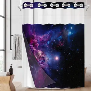 1pc hookless shower curtain liner with buckle lining, 2D flat printing of purple-blue nebula starry sky design, waterproof fabric lining, double-layered shower curtain with see-through window, 71 x 74 inches, modern home draping curtain