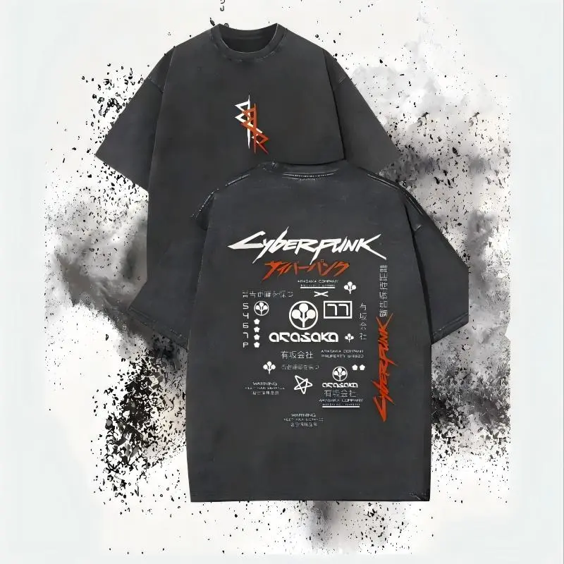 Men's Washed Vintage Wash Streetwear T-shirt in Soft Cotton Fabric, Unisex Cyber Metal Graphic Shortsleeve Top with Double-Sided Print, Customized Fan Gift，faded vintage black acid wash tee fabric