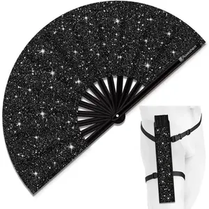 Glitter Large Rave Folding Clack Hand Fan with Holster, Popping Handheld Fan Foldable for Men Women for EDM Festival Club Party Dance, (Black, Large 13")