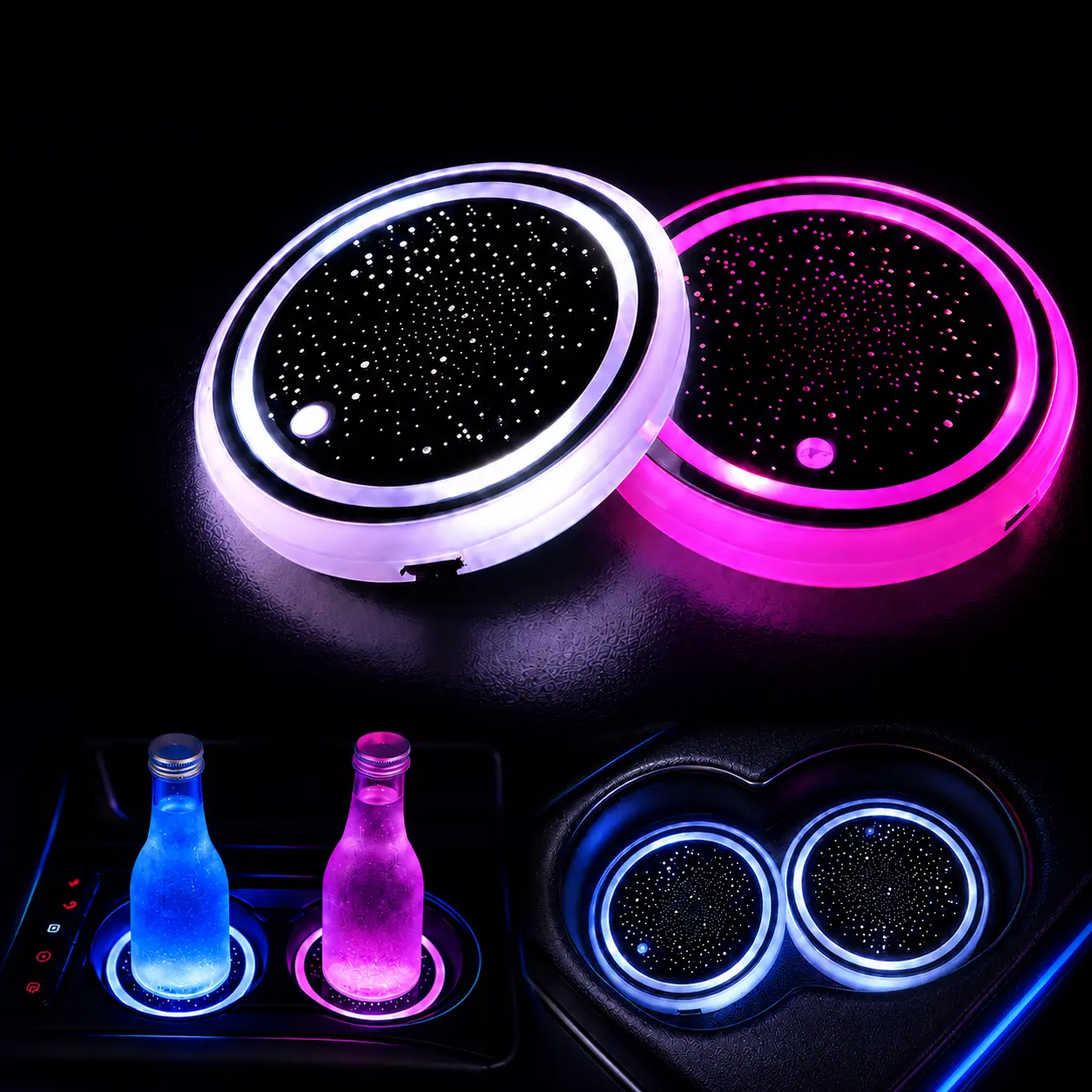 TR APEX LED Car Cup Holder Lights – 7-Color Changing, USB Rechargeable, Waterproof, Vibration Sensor, Ambient Glow Coasters for Car Interior (2/4/6/8PCS)