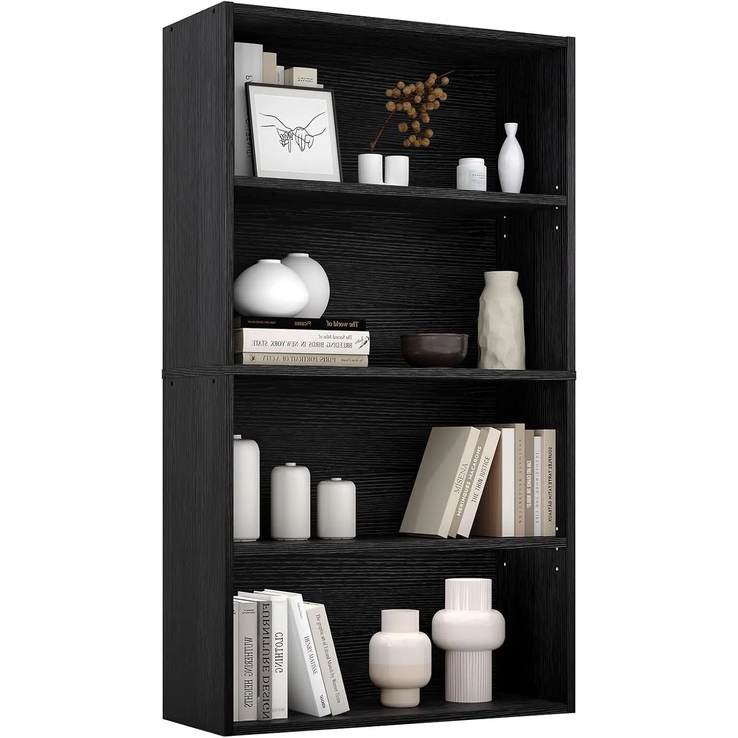Sturdy Industrial 4-Shelf Open MDF Board Bookcase - 9.2"d x 23.8"w x 42"h Wood Grain Floor Storage Cabinet, Wall Mount, Anti-Tipping Bracket, Triangular Reinforcement, H-Shaped Stable Structure, Improved Load-Bearing, Assembly Required for Home Offices
