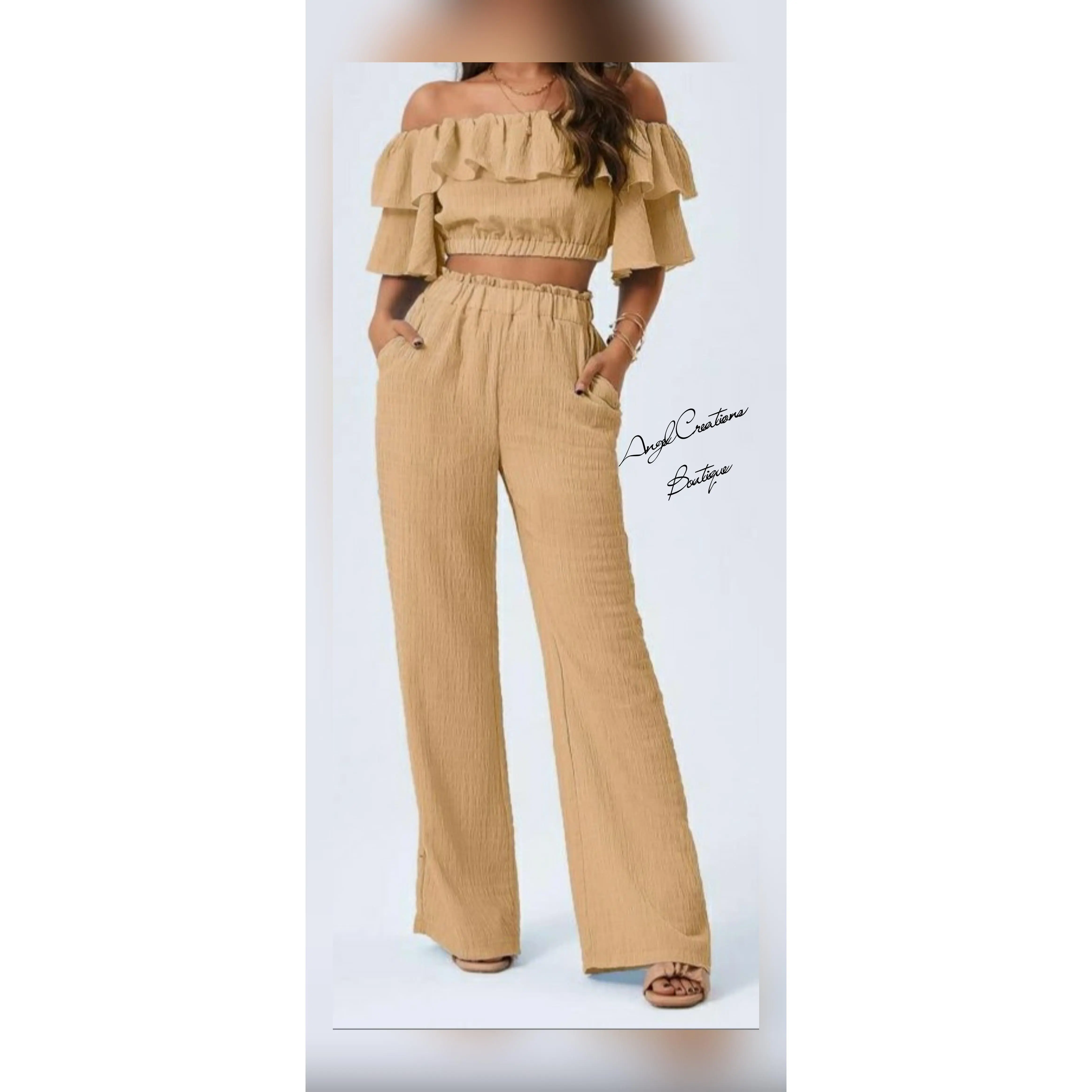 Angel Couture Khaki Off the Shoulder Two Piece Set with Elastic Waist Polyester Material Slight Stretch