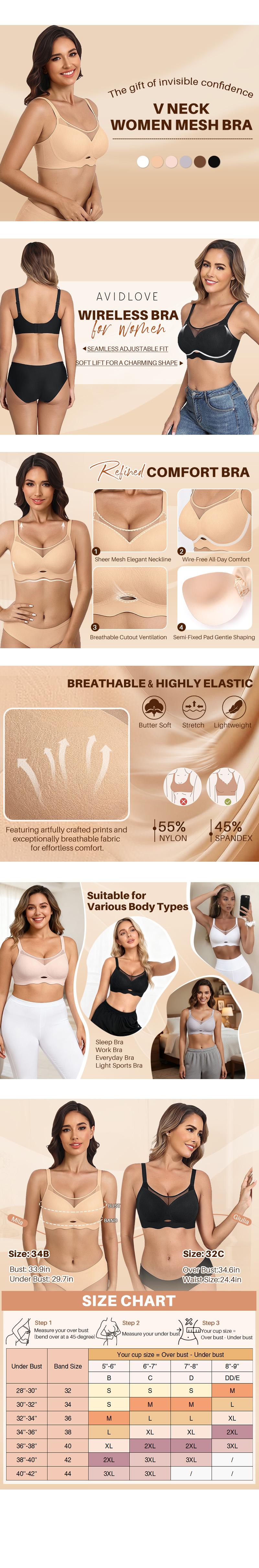 Bras for Women V Neck Wireless Bra Lifting Sexy Mesh Bra S-3XL