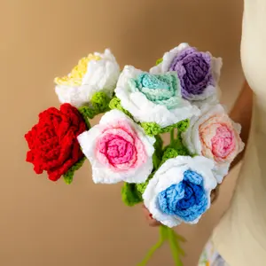 Pointed Rose Knitted Flower Single Stem Yarn Handmade Crochet Artificial Flower Qixi Festival Gift
