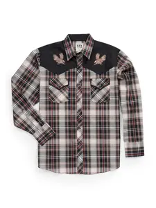 Men's Ely Cattleman Retro Plaid Western Snap Shirt with Eagle Embroidery