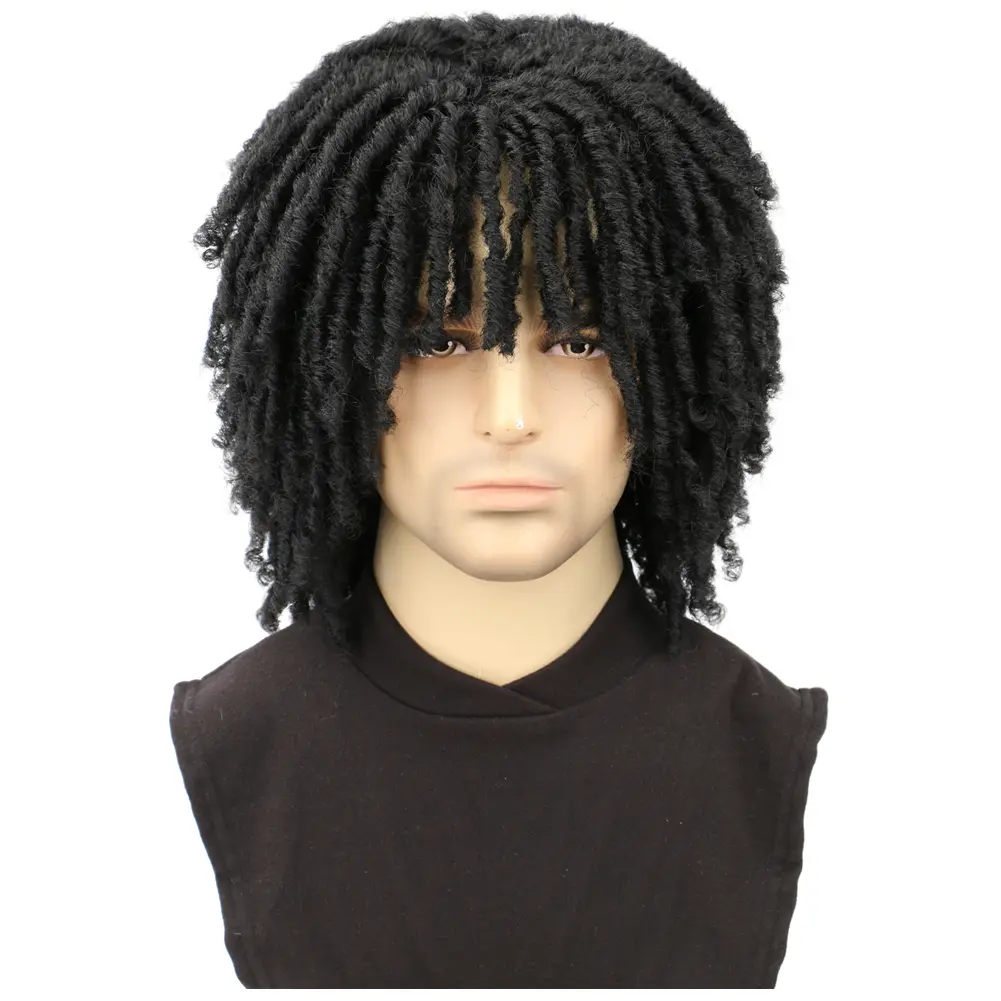 Male Synthetic Fiber Hair Wig - Afro Kinky Twist Braided Full Machine Wig, Bouncy, Breathable Cap, 0-Glue, Beginner-Friendly for Daily & Party Use