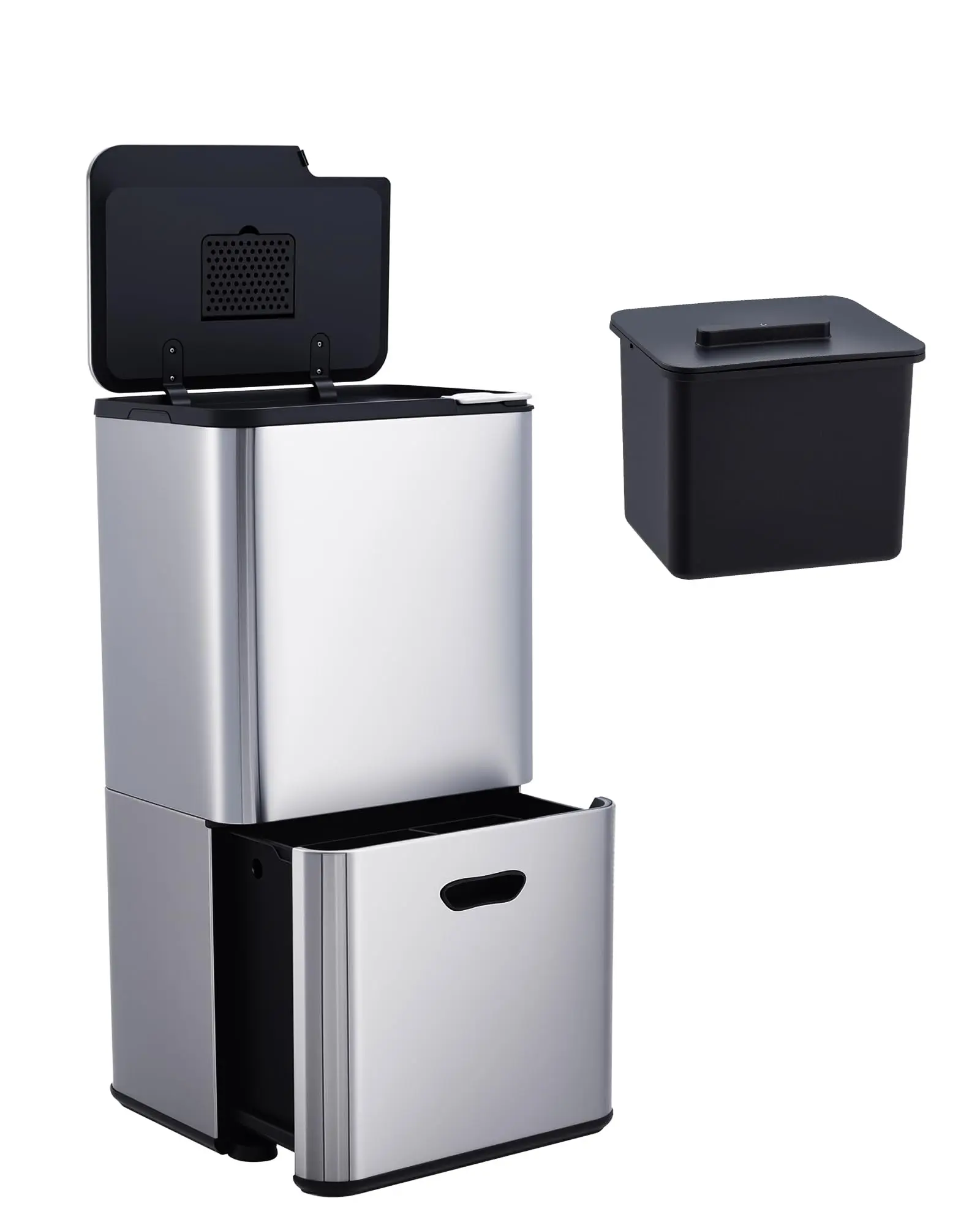 Garvee 16 Gallon Dual Compartment Kitchen Waste Bin with 33L and 28L Capacity, Stainless Steel Construction, Removable Inner Buckets, and Odor Control for Efficient Recycling and Composting