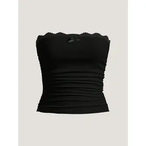 Black Lace Trim Tube Top - Y2K Style, Elastic Polyester and Spandex Blend, Non-Transparent, Ribbed Texture, with Decorative Lace Details, Hand Wash Only, Women's Fashion, Lace Appliqué