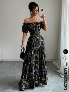 Women Fashion Floral Off Shoulder Long Dress Bubble Sleeves Waist Slit Summer Boho Bohemian Vacation Romantic Flowy