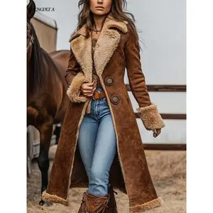 CHENGDEFA Cross-border European and American denim women's Western retro trench coat plush autumn and winter fashionable warm coat