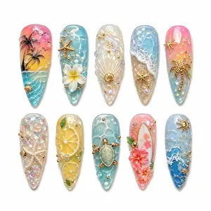 Tropical Ocean Paradise Luxury Press On Nails – 3D Beach Sunset, Mermaid Waves, Lemon & Turtle Summer Vacation Nails