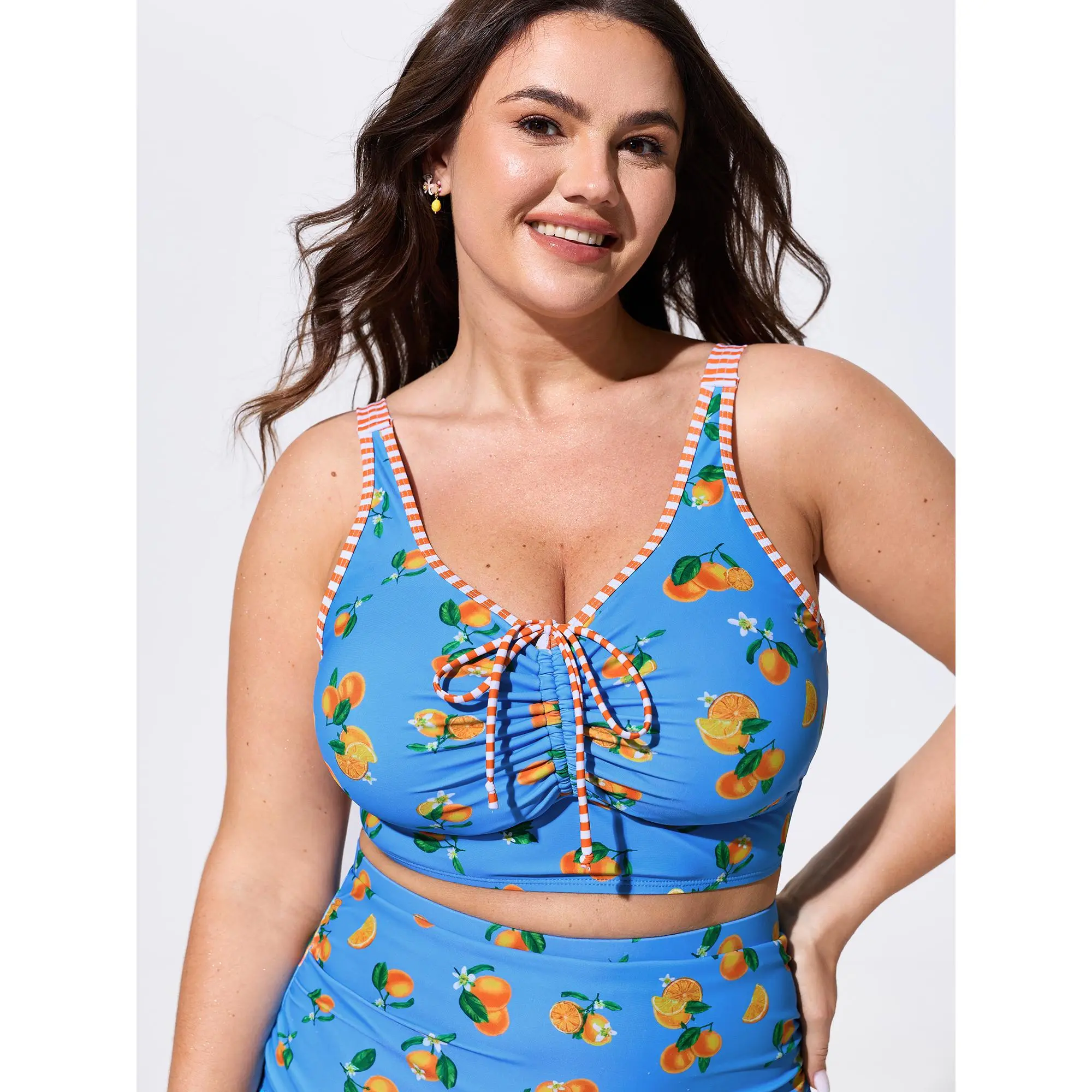 BloomChic Women's Plus Size Swim Top in Citrus Fruit Print with Adjustable Striped Straps, Padded Bikini Top, Plus Size Swimsuits