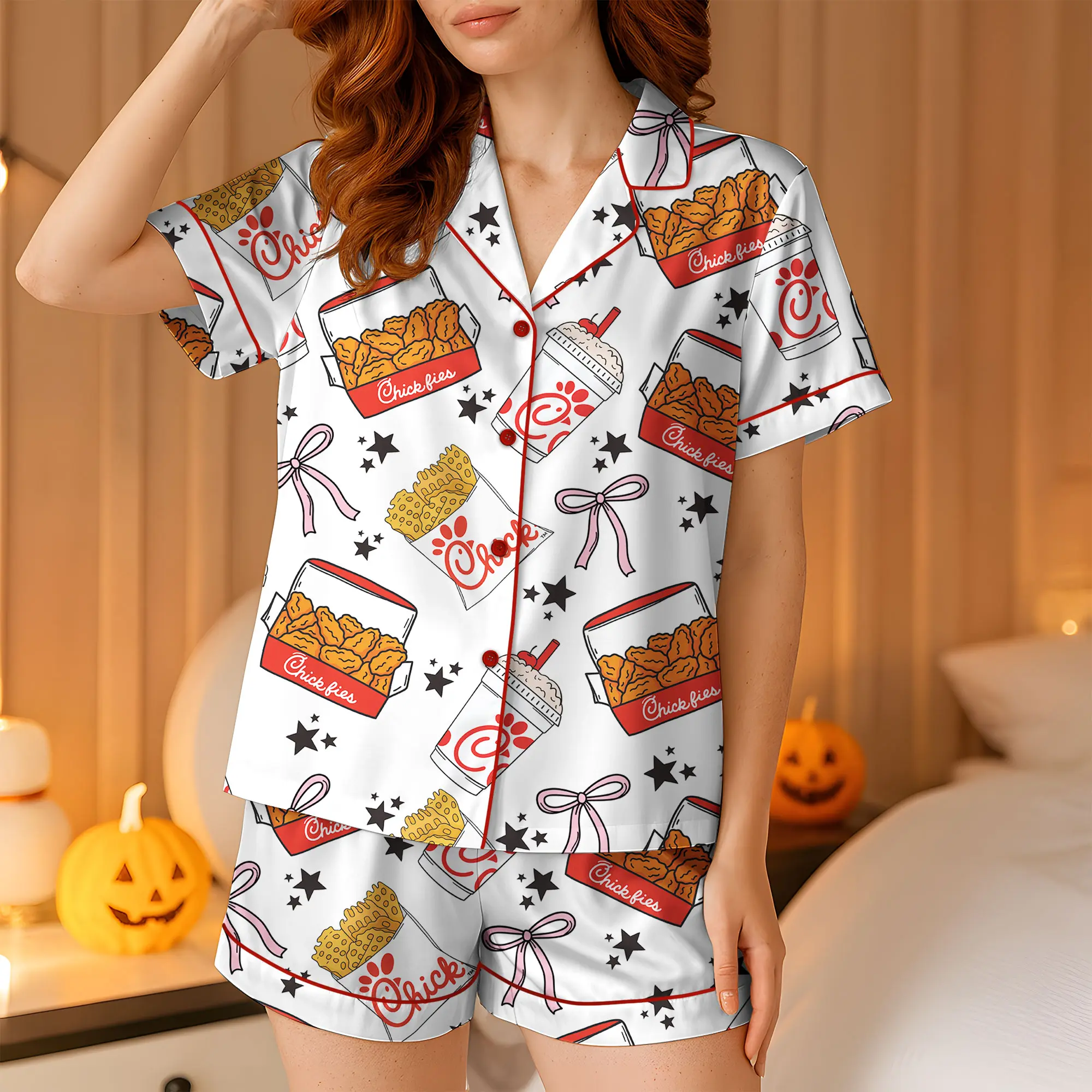 Chicken Nuggets Coquette Satin Pajamas for Women ,Funny Cute Chicken Sleepwear, Comfy Satin Lounge Set for Holiday Gift