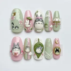 Pastel Totoro Kawaii Press On Nails with 3D Totoro Charms, Forest