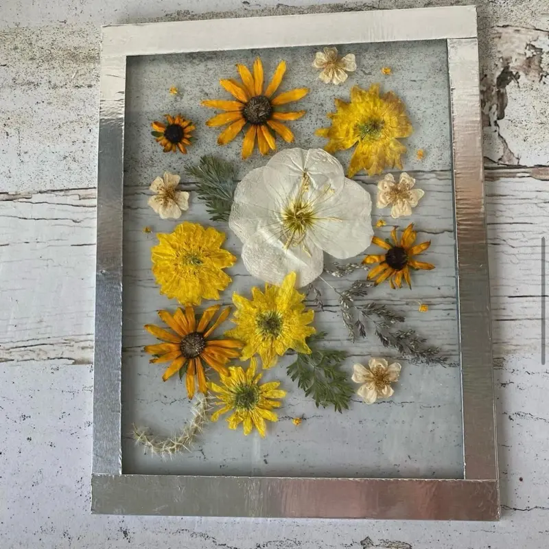HopeAnastasiaDesigns Pressed Flower Art Wall Decor Keepsake Gift Handmade Yellow & White Floral Arrangement in Rustic Frame