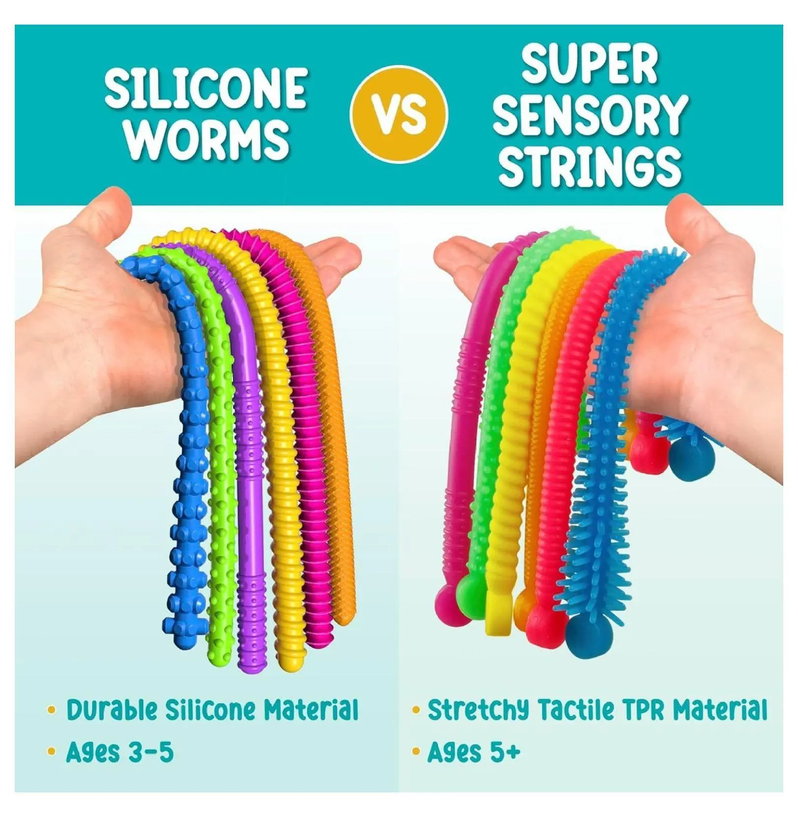 Sensory Strings Stretchy Worm Fidget Toys - Pocket Stress Relief Sensory Aid for Kids - ADHD Relief Tools, Fidgeting Stocking Stuffers for Boys & Girls
