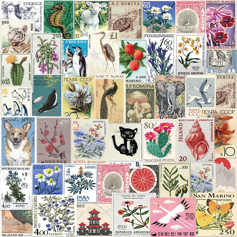 Vintage Flower & Bird Pattern Stamp Sticker, 50/1000pcs Retro Stamp Sticker, DIY Decorative Sticker for Scrapbooking, Journaling, Gift Wrapping, Aesthetic Stickers, Adhesive Decal Stickers