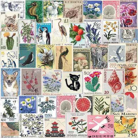 Vintage Flower & Bird Pattern Stamp Sticker, 50/1000pcs Retro Stamp Sticker, DIY Decorative Sticker for Scrapbooking, Journaling, Gift Wrapping, Scrapbook Decals, Adhesive Decal Stickers