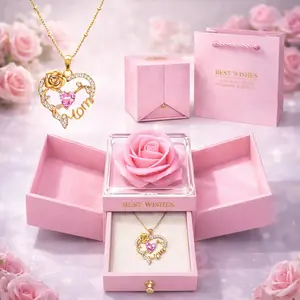 Heart Pendant Necklace with Rose Gift Set- Love Heart gold Necklace for Mama Grandma, Perfect for Mother's Day Birthday and Holiday Valentine's Day Gifts for Mom Dainty Layering Jewelry